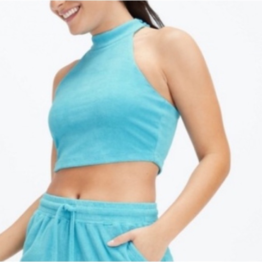 Fabletics Terry Built-In Bra Tank Cropped Aqua Blue Limited Edition Small NWOT